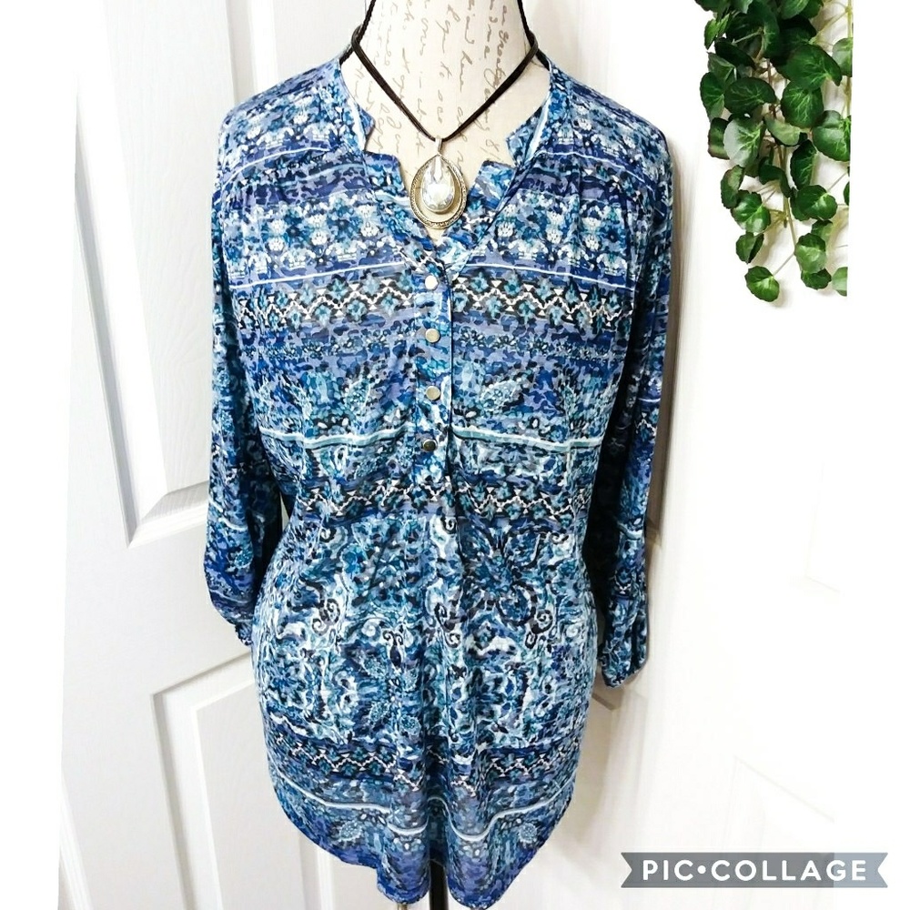 Avenue Blue Burnout Top Blouse Size 14